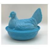 1960S BLUE SLAG GLASS HEN ON A NEST 7'