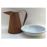ENAMELWARE BOWL, RUSTY WATER PITCHER