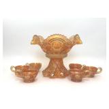 IMPERIAL MARIGOLD CARNIVAL GLASS PUNCH BOWL SET