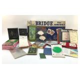 ASSORTED BRIDGE CARDS, SCORE SHEETS, GAME