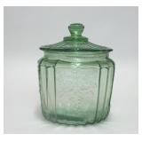 VTG GREEN DEPRESSION GLASS MAYFAIR BISCUIT JAR