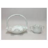 VTG FENTON HOBNAIL MILK GLASS BASKET & SUGAR BOWL