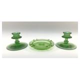 1940S GREEN DEPRESSION GLASS CANDLESTICKS