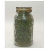 VTG MASON JAR FULL OF GREEN MARBLES