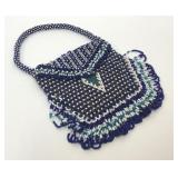 VTG HAND BEADED BLUE WHITE SEED BEAD BAG PURSE