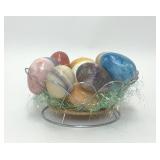 BOWL OF 15 MULTICOLOR POLISHED STONE CRYSTAL EGGS