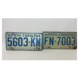 2 VTG BLUE 1972 NORTH CAROLINA LICENSE PLATES