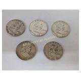 5 FRANKLIN HALF DOLLRS 90% SILVER