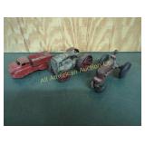 3 ANTIQUE CAST IRON TRACTORS AND METAL TRUCK TOYS