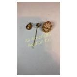 2 vintage cameos, pendants/pin & a stick pin