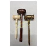 Three vintage gavels, brass, wood & plastic
