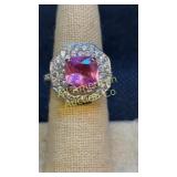 Cushion cut pink stone center stone halo ring