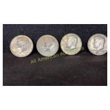 Four 40% silver Kennedy half dollars, various