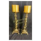 Pair of large twisted brass candlestick holders