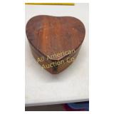 Heart shaped wooden box with misc. vintage items