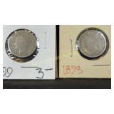 Two 'V' nickels, 1893 & 1899