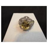 ELEGANT STERLING CITRINE SCALLOPED HALO RING SZ 7