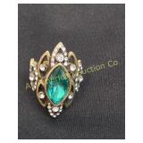 VTG FAUX EMERALD BRASS COCKTAIL RING SZ 8