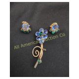 VTG SAPPHIRE AB & EMERALD FLOWER PIN & EARRINGS