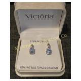 STERLING SILVER BLUE TOPAZ & DIAMOND EARRINGS