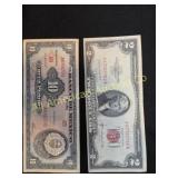 1963 US $2 RED SEAL AND 1967 MEXICO 10 PESOS