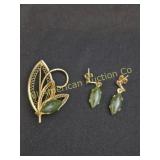 VTG DIXELLE GRN JADE FILIGREE LEAF PIN & EARRINGS