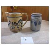 Blue Decorated Williamsburg Pitcher & 1994 Crock