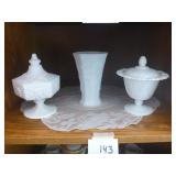 Milkglass Vase & 2 Candy Dishes (grape pattern)
