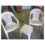2 Plastic Stackable Patio Chairs & End Table