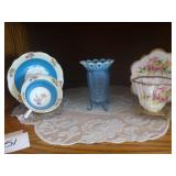 2 Cups & Saucers, Blue Opalescent Vase