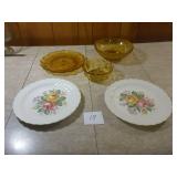 Amber Glass Serving Dishes & 2 Plates
