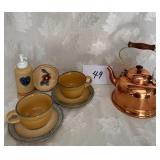 Copper Tea Kettle, Pfaltzgraff Cups & Saucers,