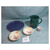 Green Pitcher, Blue Plate, Mini Cup, 2 Saucers