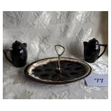 Brownware Egg Plate, Oil & Vinegar Pitchers