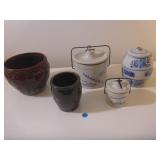 Crocks, Planter, Raisin Crock - lid damaged