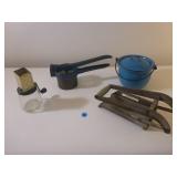 Blue Agate Pot, Grater, French Fry Cutter, Ricer