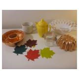 Copper Molds, Milkglass Bowl (crack), Tea Pot...