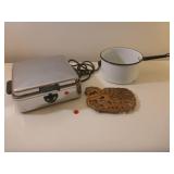 Vintage Waffle Iron, Agate Pan, Rooster Trivet