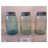 3 Blue Quart Jars with Zinc Lids