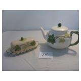 Green Leaf England Tea Pot & Butter Dish