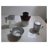 Syrup Pitcher, Milk Crock, Tin Shaker & Jar Funnel