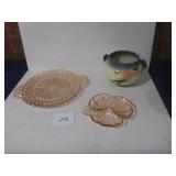 Pink Depression Plate & Nut Dish, Hull Vase
