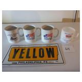 4 Mugs & Yellow License Plate (Forryï¿½s Texaco...