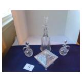 2 Glass Cruets, Decanter, Footed Square Candy Dish