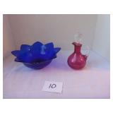 Cobalt Blue Flower Dish, Cranberry Cruet