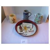 Hohenadel Tin Beer Tray & 3 Beer Mugs