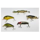 5 Vtg Fishing Lures, Jitter Bug, Heddon, Cordell