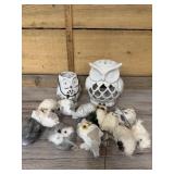 2 owl candle holders & assorted owl ornaments,