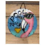 Metal pool party sign