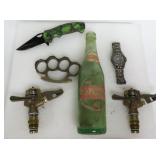 Brass Knuckles, Knife, 10-2-4 Dr. Pepper Bottle,